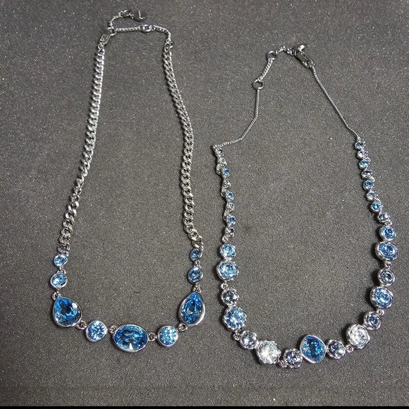 Lot Of 2 Silver Tone Givenchy Ladies Stackable Necklaces With Blue Crystals - Picture 1 of 7